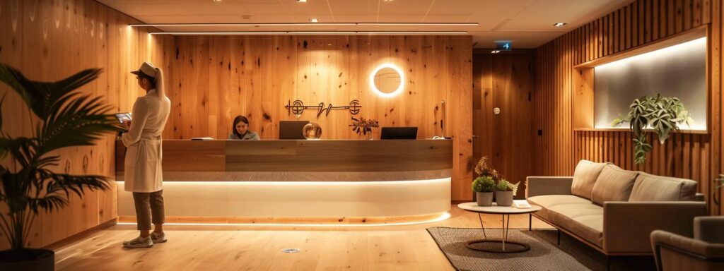 a modern chiropractic clinic featuring soft lighting and timber accents, where a friendly chiropractor in smart-casual attire reassures a relaxed adult patient receiving personalised treatment for back pain in a professional and calming environment.