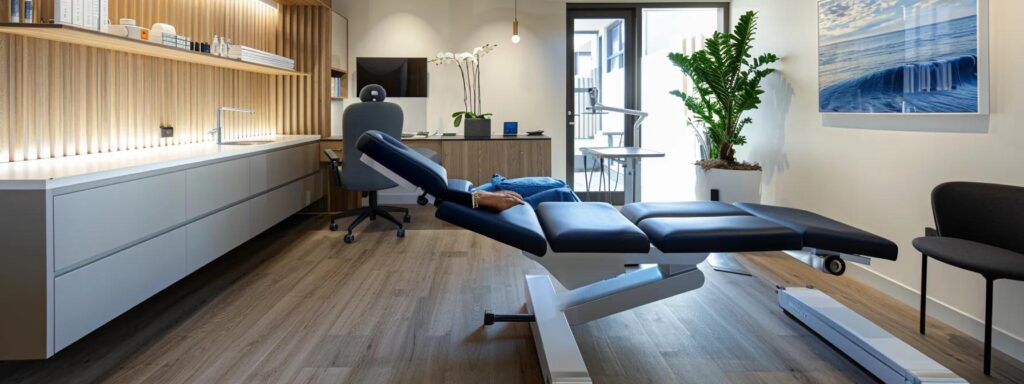 a modern chiropractic clinic in bondi junction features soft lighting and timber accents, where a friendly chiropractor in smart-casual attire gently treats a relaxed adult patient, embodying professionalism and calmness in a reassuring urban environment.