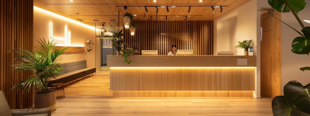 a serene chiropractic clinic features soft lighting and sleek timber accents, where a friendly chiropractor attentively guides a relaxed patient in smart-casual attire through back pain prevention exercises, embodying a calm and professional environment designed for busy urban adults.