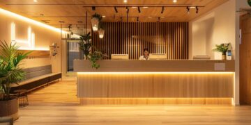 a serene chiropractic clinic features soft lighting and sleek timber accents, where a friendly chiropractor attentively guides a relaxed patient in smart-casual attire through back pain prevention exercises, embodying a calm and professional environment designed for busy urban adults.