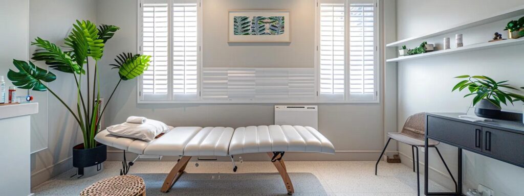 a serene chiropractic clinic with minimalist white walls and warm timber accents showcases a friendly chiropractor gently treating a relaxed adult patient in smart-casual attire, emphasising safe exercise practices for back pain prevention in a professional urban setting.