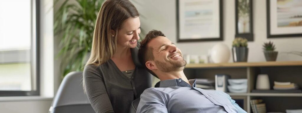 a soothing chiropractic clinic setting features a friendly chiropractor in their 30s gently treating a relaxed adult patient in smart-casual attire, surrounded by soft lighting, white walls, and timber accents, creating a calm and professional atmosphere for busy urban adults seeking effective pain relief.