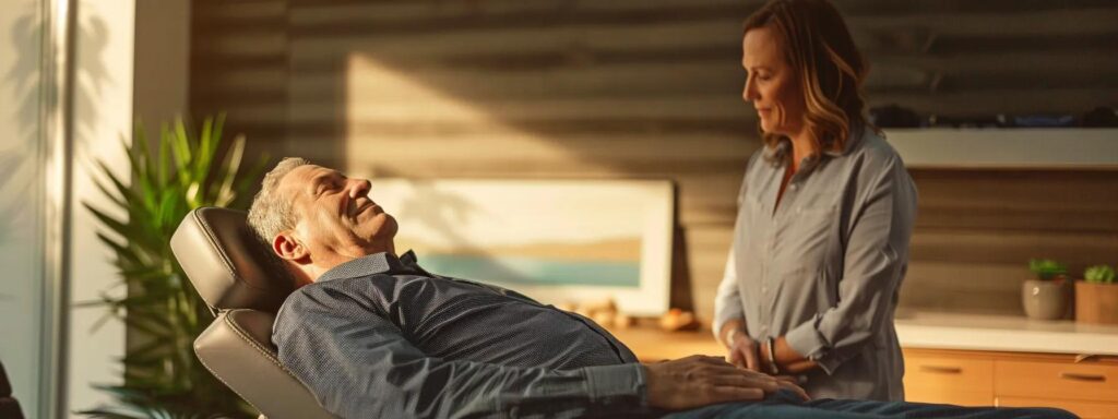 in a modern chiropractic clinic with soft lighting and sleek timber accents, a friendly chiropractor attentively adjusts a relaxed adult patient in smart-casual attire, embodying a tranquil and professional atmosphere that caters to urban dwellers seeking relief from back pain.