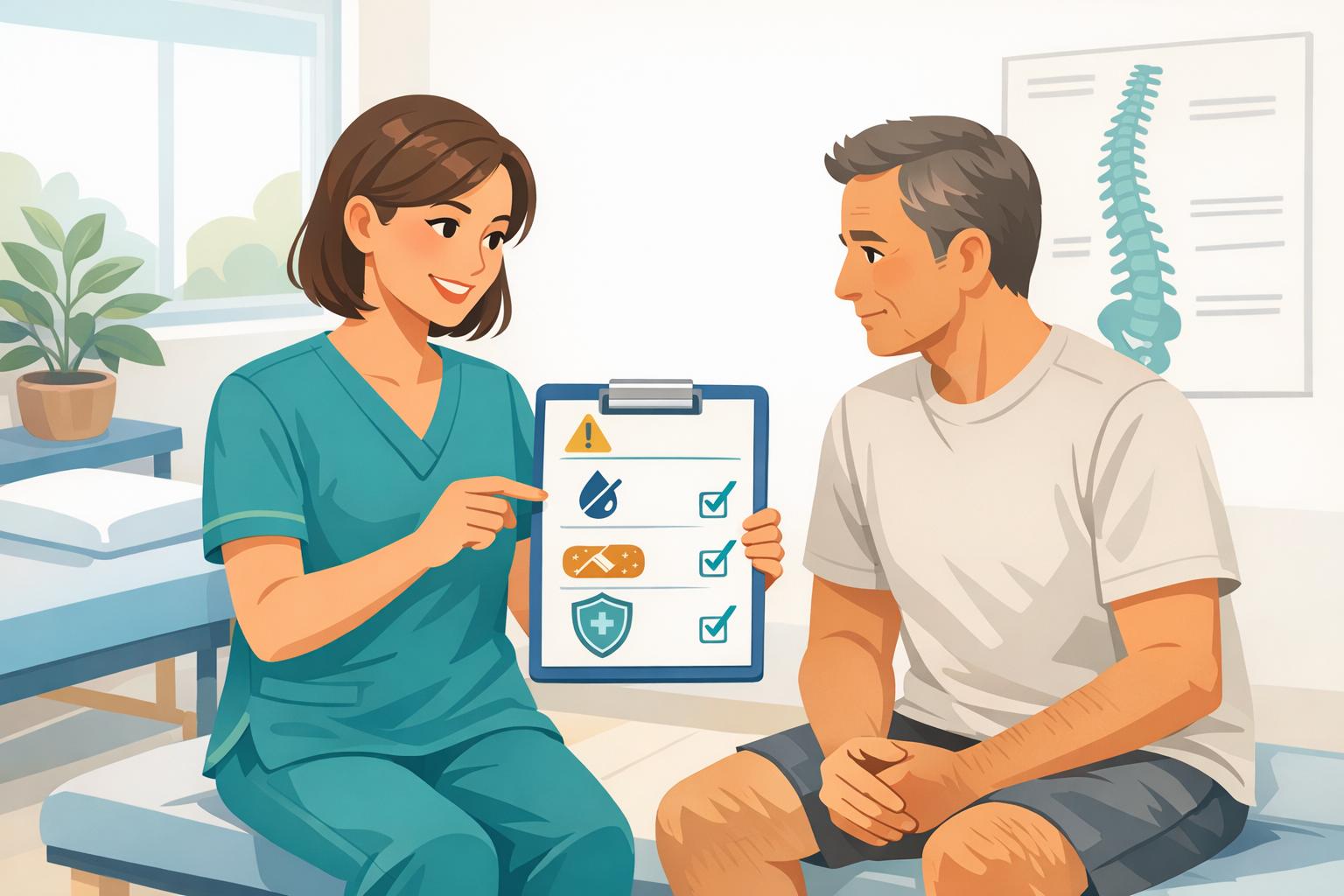 Clinician reviewing a health screening checklist with a seated patient
